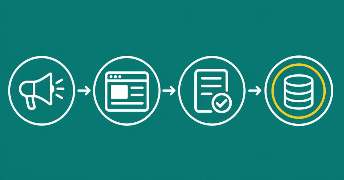 Cztery etapy pozyskiwania klienta: reklama, landing page, formularz z kwalifikacją, baza CRM wyróżniona złotym pierścieniem.