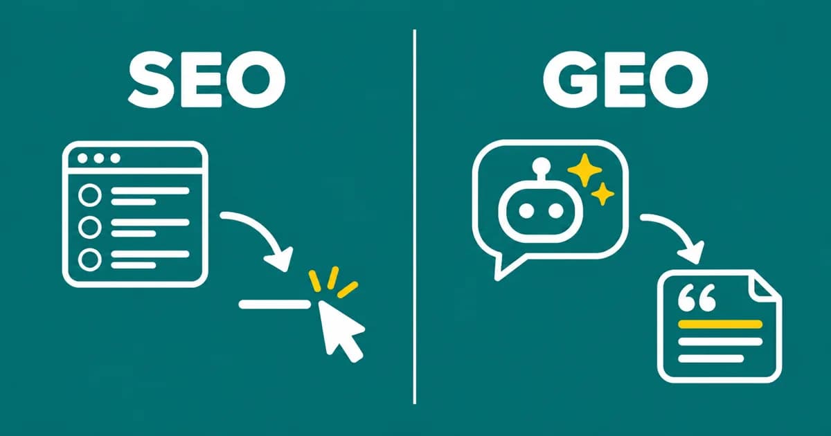 Zestawienie dwoch sciezek: SEO prowadzi od listy wynikow wyszukiwania do klikniecia w link, GEO od odpowiedzi asystenta AI do cytowanego zrodla.